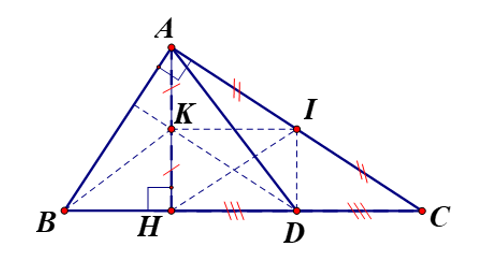 Cho ∆ABC vuông tại A, đường cao AH, lấy I là trung điểm AC. Gọi K và D thứ tự là trung điểm  (ảnh 1)