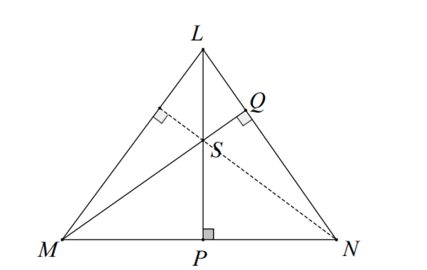 Cho tam giác LMN nhọn và điểm S nằm trong tam giác, LS cắt MN tại P, MS cắt LN tại Q. (ảnh 1)