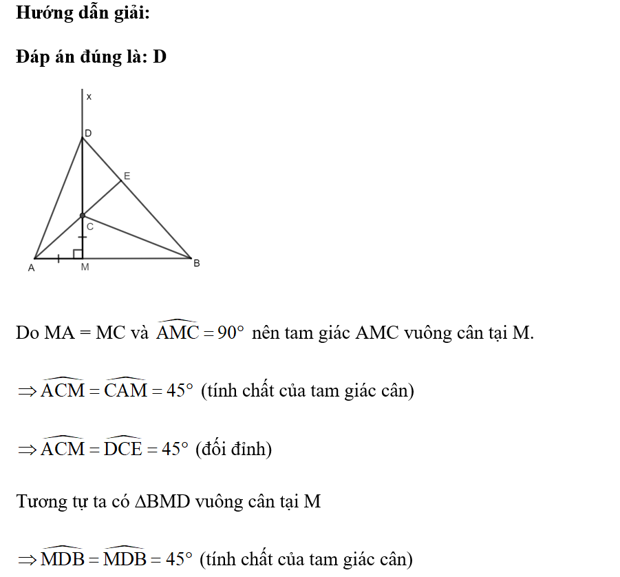 Cho đoạn thẳng AB và điểm M nằm giữa A và B (MA < MB). Vẽ tia Mx vuông góc với AB, (ảnh 1)