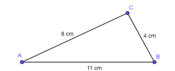 Cho tam giác ABC có BC = 4 cm, độ dài cạnh AB lớn hơn cạnh BC là 7 cm và AC = 2BC. Khẳng định nào sau đây là đúng? (ảnh 1)