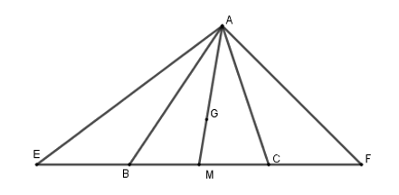 Cho tam giác ABC. Trên tia đối của tia BC lấy điểm E, trên tia đối của tia CB lấy điểm F sao cho BE = CF (ảnh 1)