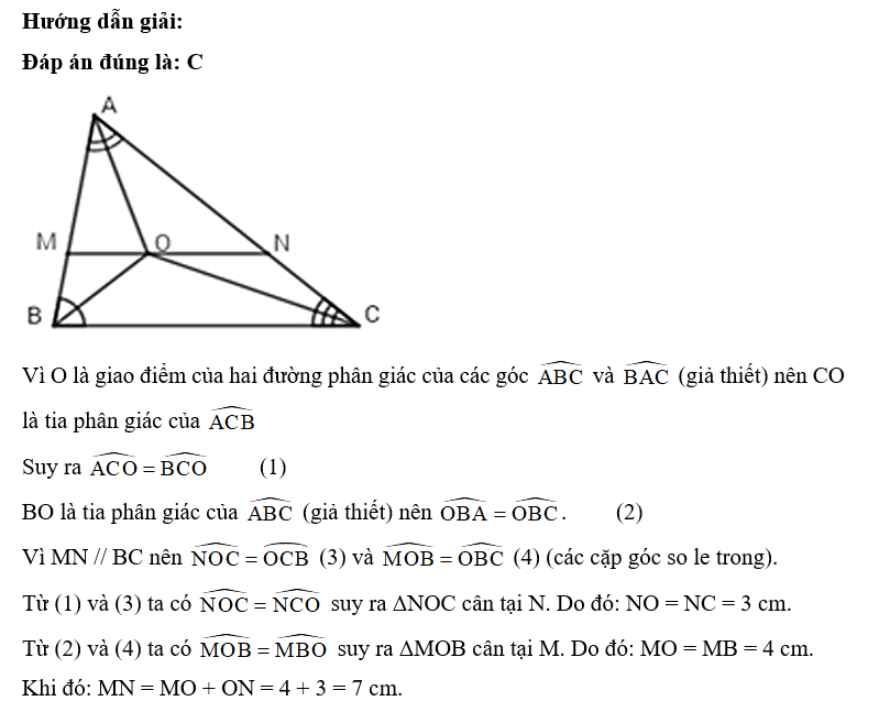 Cho tam giác ABC, các đường phân giác của góc B và A cắt nhau tại O. Qua O kẻ đường thẳng song song với BC cắt AB tại (ảnh 1)