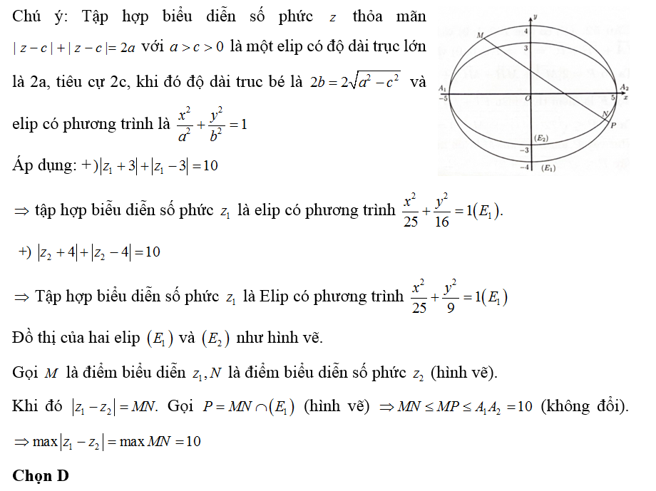 Cho các số phức z1,z2  thỏa mãn | z1+ 3|+ |z1-3|= |z2+4 |+ | z2-4| =10 Giá trị lớn nhất của biểu thức  là (ảnh 1)