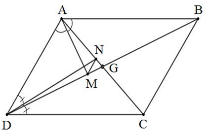 Cho hình bình hành ABCD có tia phân giác của góc A cắt đường chéo BD tại M  (ảnh 1)