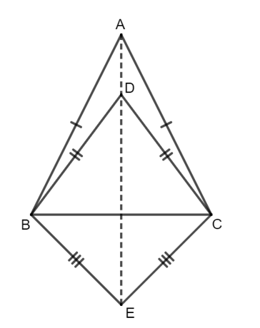 Cho ba tam giác cân phân biệt ABC, DBC và EBC có chung đáy BC. Vị trí của ba điểm A, D và E là? (ảnh 1)