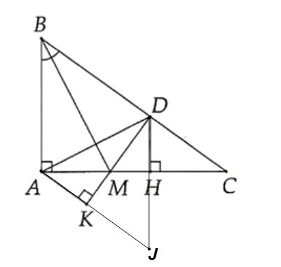 Cho tam giác ABC vuông tại A, kẻ đường phân giác BM. Trên cạnh BC lấy điểm D sao cho (ảnh 1)