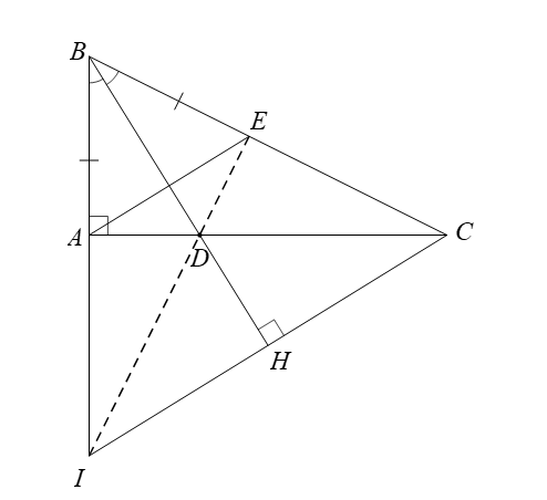 Cho tam giác ABC vuông tại A có BD là đường phân giác. Trên cạnh BC lấy điểm E sao cho BA = BE (ảnh 1)