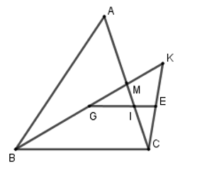 Cho tam giác ABC có đường trung tuyến BM. Trên tia BM lấy hai điểm G, K sao cho BG = 2/.3 BM (ảnh 1)