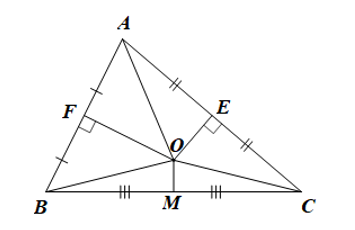 Cho tam giác ABC có M là trung điểm của BC. Các đường trung trực của AB và AC cắt nhau tại O. Số đo góc OMC là (ảnh 1)