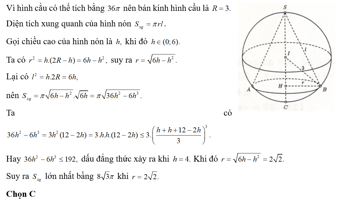 Trong tất cả các hình nón nội tiếp trong hình cầu có thể tích bằng 36pi, bán kính r của hình nón (ảnh 1)