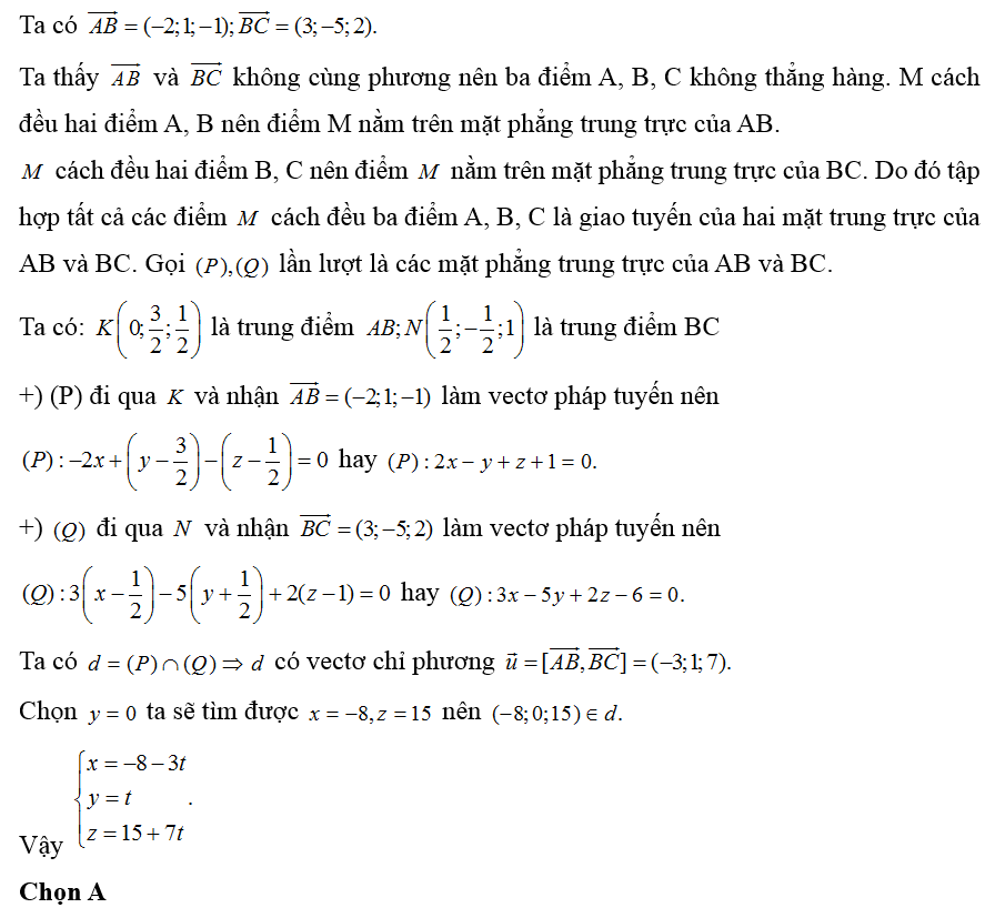 Trong không gian Oxyz, cho ba điểm A(1; 1; 1), B(−1; 2; 0), C(2; –3; 2). Tập hợp tất cả các điểm M cách đều ba điểm A, B, C là một đường thẳng (ảnh 1)