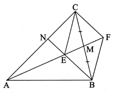 Cho tam giác ABC có AM là đường trung tuyến (M thuộc BC). Lấy điểm E thuộc AM  (ảnh 1)