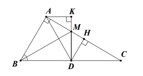 Cho tam giác ABC vuông tại A, kẻ đường phân giác BM. Trên cạnh BC lấy điểm D sao cho BD = BA. (ảnh 1)
