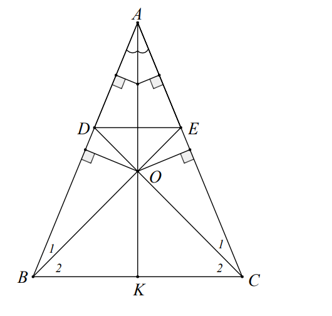 Cho tam giác ABC cân ở A, đường phân giác AK. Các đường trung trực của AB và AC cắt nhau tại O. (ảnh 1)