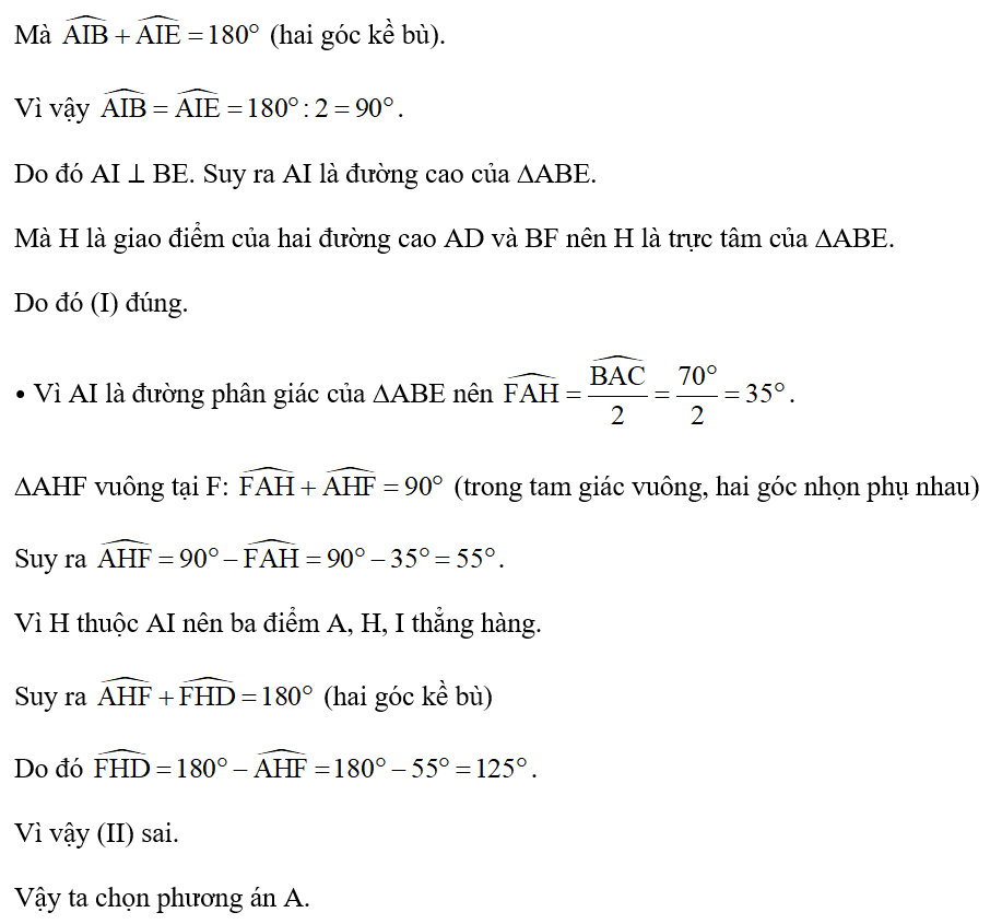 Cho ∆ABC có góc A= 70 độ AB < AC. Tia phân giác của góc A cắt BC tại D, kẻ BF vuông góc AC tại F, lấy điểm E thuộc (ảnh 2)