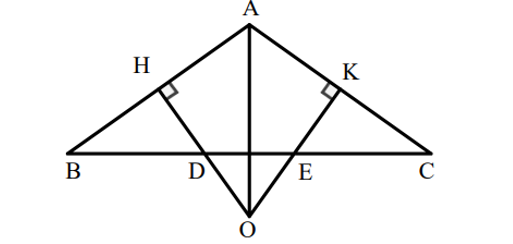 Cho ∆ABC cân tại A, góc A >90 độ,  Các đường trung trực của AB và AC cắt nhau tại O và cắt BC lần lượt tại D và E. (ảnh 1)