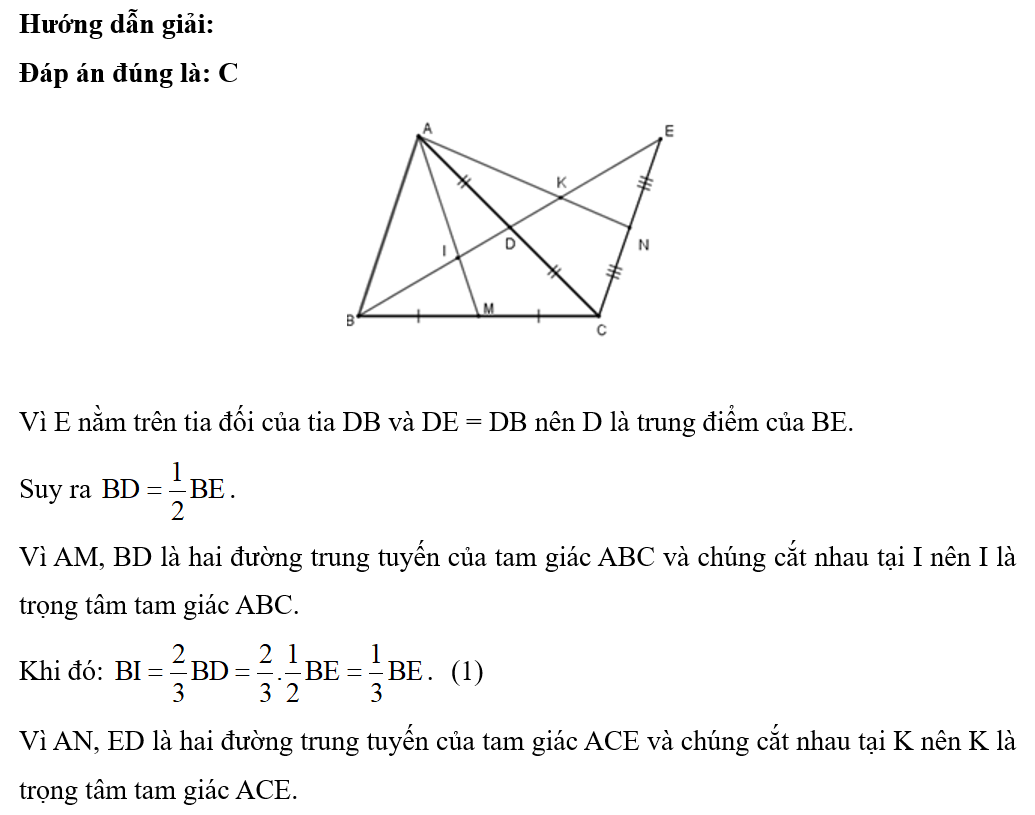 Cho tam giác ABC, đường trung tuyến BD. Trên tia đối của tia DB lấy điểm E sao cho DE = DB. (ảnh 1)