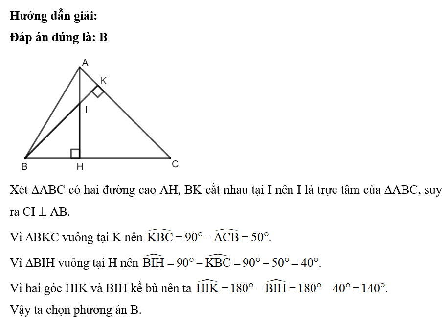 Cho tam giác ABC có hai đường cao AH, BK cắt nhau tại I. Biết rằng góc ACB = 90 độ (ảnh 1)