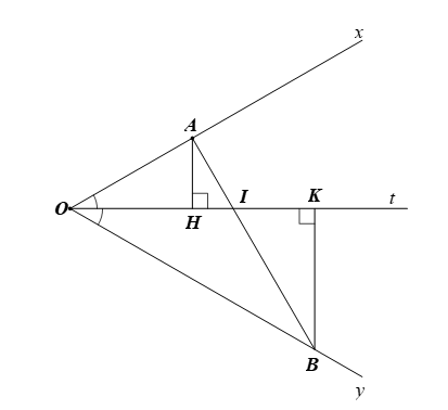 Cho góc  xOy= 60 độ , Ot là tia phân giác của góc đó. Lấy điểm A trên tia Ox, điểm B trên tia Oy sao cho (ảnh 1)
