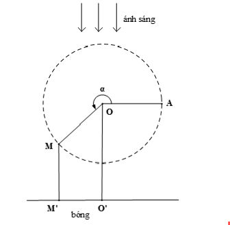 Thanh OM quay ngược chiều kim đồng hồ quanh trục O của nó trên một mặt phẳng thẳng đứng và in bóng vuông góc xuống mặt đất như hình dưới đây.  (ảnh 1)