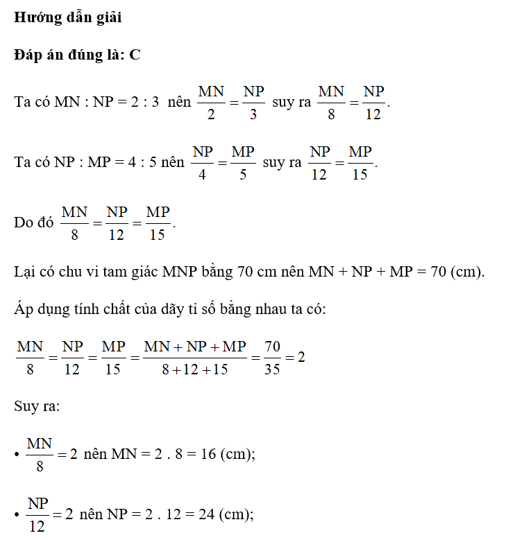 Cho tam giác MNP có chu vi bằng 70 cm, biết MN : NP = 2 : 3 và NP : MP = 4 : 5. Trong ba góc của tam giác MNP, góc nào nhỏ nhất? (ảnh 1)