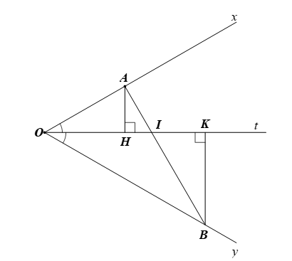 Cho góc  xOy= 60 độ , Ot là tia phân giác của góc đó. Lấy điểm A trên tia Ox, điểm B trên tia Oy sao cho (ảnh 2)