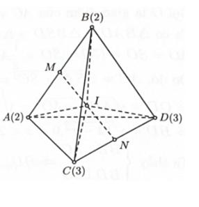 Trong không gian, cho bốn mặt cầu có bán kính lần lượt là 2, 3, 3, 2 tiếp xúc ngoài với nhau. (ảnh 1)