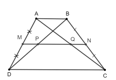 Cho hình thang ABCD (AB // CD). Gọi M, N, P, Q lần lượt là trung điểm của AD, BC (ảnh 1)