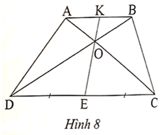 Cho hình thang ABCD (AB // CD) và DE = EC (Hình 8). Gọi O là giao điểm của AC (ảnh 1)