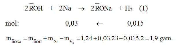 Cho Na tác dụng vừa đủ với 1,24 gam hỗn hợp 3 alcohol đơn chức X, Y, Z thấy thoát ra 0,37185 lít khí H2 (đkc). Khối lượng muối sodium alcoholate thu được là (ảnh 1)