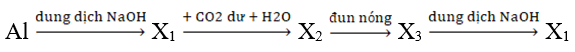 Cho sơ đồ chuyển hóa sau: Al   X1   X2   X3   X1 Biết X1, X2, X3 là các hợp chất khác nhau của nguyên tố nhôm. Các chất X1, X2, X3 lần lượt là  A. NaAlO2, Al(OH)3, Al2O3.	B. Al(OH)3, NaAlO2, Al2O3.  C. NaAlO2, Al2O3, Al(OH)3.	D. Al(OH)3, Al2O3, NaAlO2. (ảnh 1)