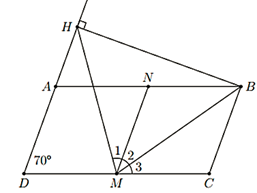 Cho hình bình hành ABCD có AB = 2AD, góc D = 70 độ (ảnh 1)