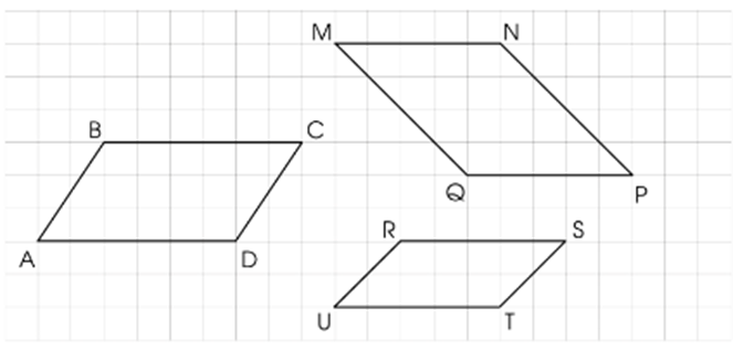 Viết tên các cặp cạnh song song và bằng nhau trong mỗi hình bình hành dưới đây: Hình bình hành ABCD có:  Hình bình hành MNPQ có:  Hình bình hành RSTU có (ảnh 1)