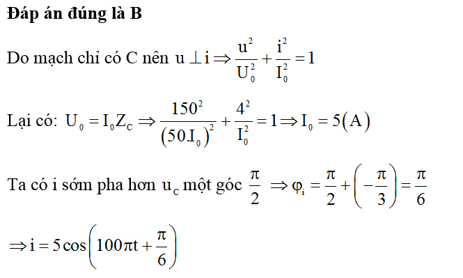 Đặt điện áp u = U0cos(100πt − pi/3)V vào hai đầu một tụ điện có điện dung 2.10^-4 / pi ( F). Ở thời điểm điện áp giữa hai đầu tụ điện là 150 V thì (ảnh 1)