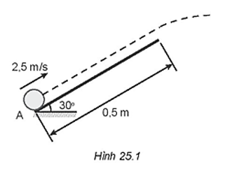 Một quả bóng khối lượng 200 g được đẩy với vận tốc ban đầu 2,5 m/s lên một mặt phẳng nghiêng, nhẵn, dài 0,5 m, hợp với phương nằm (ảnh 1)