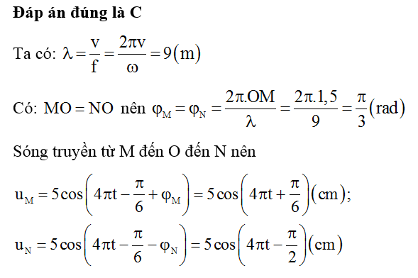 Một sóng ngang truyền từ M đến O rồi đến N trên cùng một phương truyền sóng với tốc độ 18 m/s, MN = 3 m (ảnh 1)