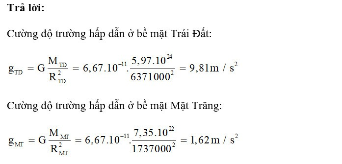 Biết bán kính và khối lượng trung bình của Trái Đất và Mặt Trăng lần lượt (ảnh 2)
