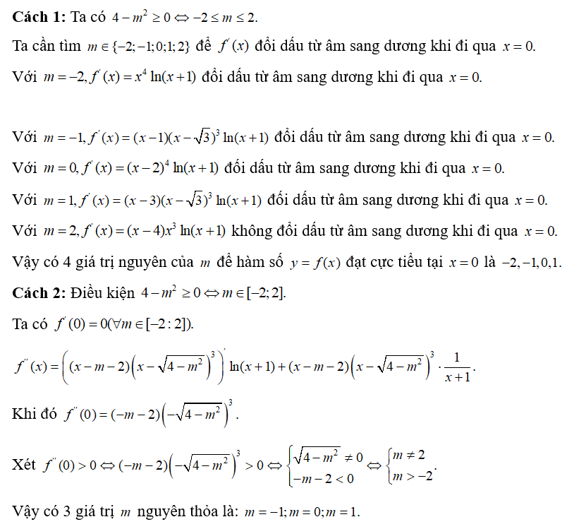 Cho hàm số  y = f(x) có đạo hàm f'9x) = ( x-m-2) ( x- căn bậc hai 4 - m^2 ) ^3  với mọi x thuộc ( -1 ; dương vô cùng ) (m là tham số). (ảnh 1)