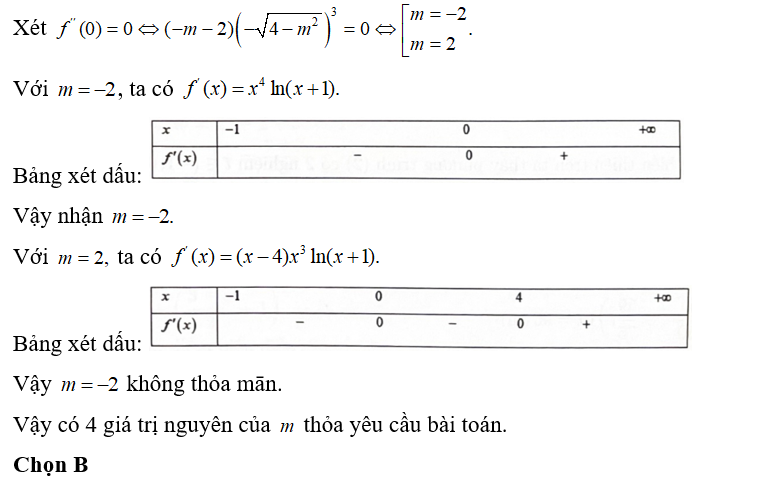Cho hàm số  y = f(x) có đạo hàm f'9x) = ( x-m-2) ( x- căn bậc hai 4 - m^2 ) ^3  với mọi x thuộc ( -1 ; dương vô cùng ) (m là tham số). (ảnh 2)