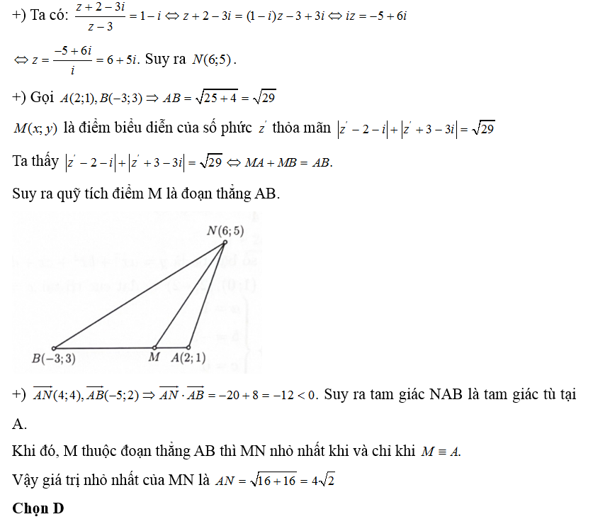 Cho N là điểm biểu diễn của số phức z thỏa mãn Z =2 - 3I / Z-3 và M là điểm biểu diễn của số phức z' thỏa mãn (ảnh 1)
