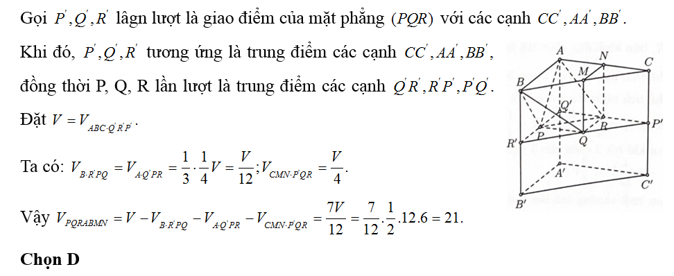 Cho lăng trụ ABC.A'B'C' có diện tích đáy bằng 12 và chiều cao bằng 6. Gọi M,N lần lượt là trung điểm của CB, CA và P, Q, R lần lượt là tâm  (ảnh 1)