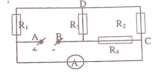 Cho mạch điện (như hình vẽ) trong có R1 =1 Ω, R2= 4 Ω, R3 = 29.2 Ω, R4= 30 Ω. Hiệu điện thế đặt vào (ảnh 1)