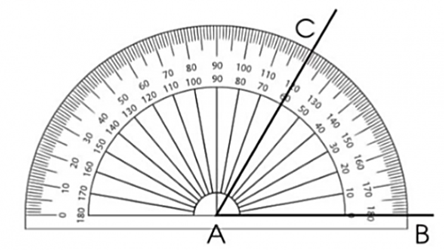 Số đo của góc đỉnh A cạnh AB, AC trong hình dưới đây là:  A. 90°.  B. 60°.  C. 120°.  D. 180°. (ảnh 2)