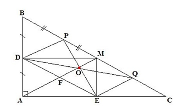 Cho tam giác ABC vuông tại A, M là trung điểm của BC. D, E  (ảnh 1)
