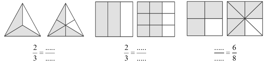 Quan sát hình vẽ, nêu phân số thích hợp: 2 3 2 3  6 8 (ảnh 1)