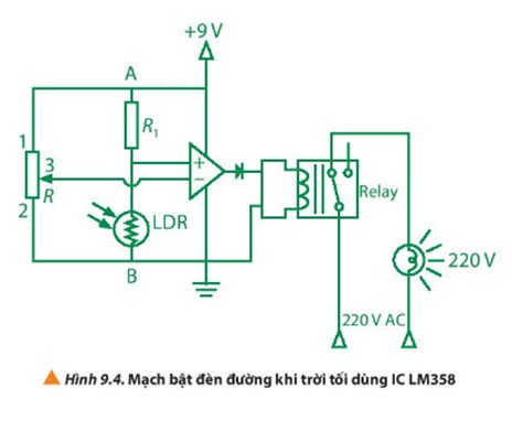 Hình 9.4 là một mạch điện sử dụng mạch op-amp – relay để thực hiện chức năng bật sáng đèn tự động khi trời tối (ảnh 1)