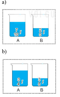 Trong hai bình A và B, bình nào đang chứa nhiều nước hơn và nhiều hơn bao nhiêu lít nước? (ảnh 1)