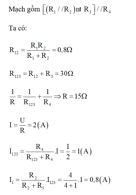 Cho mạch điện (như hình vẽ) trong có R1 =1 Ω, R2= 4 Ω, R3 = 29.2 Ω, R4= 30 Ω. Hiệu điện thế đặt vào (ảnh 2)