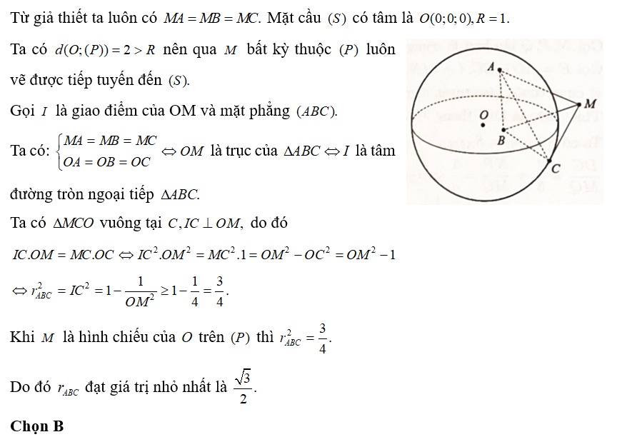 Trong không gian Oxyz, cho mặt cầu (S): x2 + y2 + z2 = 1. Gọi M là điểm nằm trên mặt phẳng (ảnh 1)