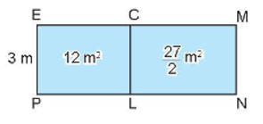 Viết tiếp vào chỗ chấm cho thích hợp.   Biết rằng EP = 3 m và diện tích các hình chữ nhật ECLP, CMNL được cho như trong hình. Độ dài EM là …… m. (ảnh 1)